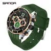 Relógio Masculino Sanda Três Olhos Seis Ponteiros Multifunção Quartzo Pulseira de Silicone Bicolor Calendário Núcleo de Aço Relógio Masculino