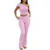 Conjunto Esportivo Pulôver Europeu e Americano Venda Quente na Amazon Ombro Único Sem Mangas Camiseta Cintura Alta Casual Calças Flare para Yoga
