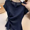 Blusa azul irregular única y hermosa con calados, corbata y abertura, camiseta de manga corta, top de verano de alta gama para mujer