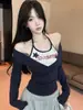 Algodão Estilo Americano Estampa de Garota Popular Falso Duas Peças Manga Longa 7082 Camiseta Falso Duas Peças Estilo Americano