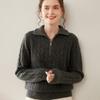 Camisa Básica de Tricô de Cashmere Feminina Body Inteiro Costurada Simples Versátil Meio Zíper Gola Lapela Solta Interna Macia Cera Amigável à Pele