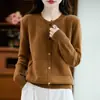 Tricô de gola redonda para mulheres, lã pura, cardigã para primavera e outono, elegante, modelador, versátil