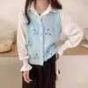 Colete de Tricô Bordado com Gola Redonda para Mulheres, Novo Estilo Outono Camada Base Suéter, Colete Cardigan para Camadas