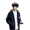 Sudadera con capucha y cremallera estilo High Street americano para hombre, primavera/otoño, estilo fino, cárdigan de tres rayas, prenda exterior holgada, azul marino, ropa de pareja