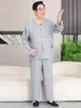 Conjunto de pijama de algodón y seda para hombres de mediana edad y ancianos, ropa de casa de verano holgada, se puede usar en el exterior, conjunto de dos piezas de camisa de manga larga