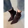 Botines elegantes de tacón alto con cremallera trasera para mujer, gamuza con hebilla, punta fina, botines cortos elegantes, estilo vintage con tacón delgado