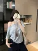 Tiro real Camiseta Gris de Manga Corta Estampada de un Hombro para Mujer Verano Nuevo Estilo Holgado Perezoso Top Descubierto 17204