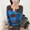 Suéter de punto a rayas de color block moderno para mujer, nuevo suéter fino de estilo coreano de corte holgado 2026, top adelgazante para principios de otoño