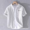 Japonês listrado bordado manga curta camisa masculina verão casual linho de algodão juventude estilo artístico solto camisa de meia manga na moda