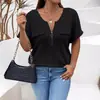 2025 Amazon Primavera/Verano Nuevo Top de Color Sólido Talla Grande para Mujer Cremallera Manga Corta Bolsillo Falso Jersey Camiseta Ajuste Holgado