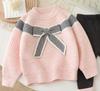 Conjunto de Duas Peças Jaqueta Suéter para Meninas 2025 Outono e Inverno Novo Estilo Conjunto de Suéter com Laço Gola Redonda e Leggings para Bebê Menina