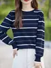 Suéter cálido de rayas azules y blancas para mujer, nuevo estilo primavera y otoño, rejuvenecedor, algodón puro, versátil, elegante, camiseta básica de cuello redondo