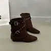 Botas de cano novo, botas de cowboy femininas estilosas estilo Western, fivela de cinto, botas de outono de salto baixo até a panturrilha, retrô 2026, bico quadrado