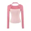 Camiseta Manga Longa Gola Halter Estilo Desejo Puro Falsa Duas Peças Feminina Outono 2026 Design Color Block Modelagem Justa Top Base Valorizador