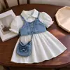 Academia Europea y Americana de Ropa Infantil Estilo Verano Nuevo Camisa con Cuello Vestido de Princesa + Chaleco de Mezclilla + Bolso Conjunto de Tres Piezas
