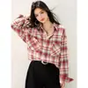Colección de Primavera Estilo Retro Americano Camisa a Cuadros Bloque de Color con Cuello, Camisa de Algodón, Cuadros Rojos, Otros Tejidos de Armadura