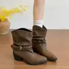 Botas de moda de tacón grueso en color liso, tejidas, apilables, botas de cuero vintage de punta a media pantorrilla para mujer, estilo de nicho con hebilla de cinturón, botas de montar