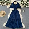 Vestido de Chifón Retro Francés Cuadrado Pequeño Manga Volante Cintura Ceñida Perforación Caliente Verano Mujer Aspecto Delgado Elegante Falda Larga con Caída