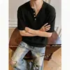 Camiseta tipo Henley de Lino Gris Oscuro para Hombre, Verano Holgada Estilo Old Money Manga Corta Polo, Hombro Estándar Americano Manga Corta