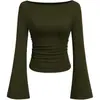 Camiseta Sexy de Color Puro con Escote Barco y Mangas de Campana para Mujer, Estilo Europeo y Americano, Otoño 2025, Corte Ajustado, Fruncido para un Aspecto Adelgazante, Manga Larga