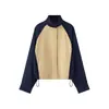 Conjunto Casual Color Blocking Europeu Feminino Jaqueta Curta Gola Alta Manga Raglan Calça Longa Reta com Cordão Conjunto de Duas Peças