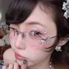 Óculos de Metal sem Aro com Detalhes de Diamante, Óculos de Aro Pequeno Oval para Mulheres, Estilo de Nicho, Anti Luz Azul, Armações de Óculos da Moda
