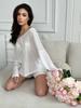 Conjunto de Duas Peças Feminino 2025 Primavera Novo, Transparente, Fino, Gola Redonda Grande, Manga Longa, Tops e Shorts, Recorte Transfronteiriço Europeu e Americano