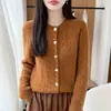 Suéter feminino 100% lã pura, gola redonda, espessado, cardigã torcido vintage, caimento solto, novo suéter macio abotoado para outono e inverno