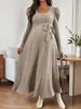Vestido de Maternidad Transfronterizo de Cuello Cuadrado y Manga Larga Tejido de Punto Acanalado Cintura Ceñida con Lazo Dobladillo Ancho Falda Larga Adelgazante Versátil Vestido para Mamá