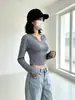 Camiseta sexy de manga larga para mujer, otoño e invierno, corta, que muestra el abdomen, ajustada, top interior de chica hot, camiseta básica de hombro normal para chica joven