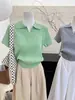 Nuevo Conjunto Estilo Coreano: Top de punto de seda helada con cuello polo verde y manga corta para mujer, Top tipo camiseta chic de seda helada para verano