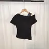 2025 Estilo Puro Desejo Renda Costurada Cor Pura Manga Curta Malha Feminina Verão Emagrecedor Decote Caído Sexy Versátil t