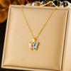 Moda transfronteriza nueva dulce niña gradiente mariposa diamante colgante acero inoxidable joyería collar pendientes joyería traje