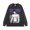Anime de luta em estilo japonês, sangue quente, vintage lavado, manga curta, corte solto, ombro caído, marca moderna, estilo casual, versátil, top estampado