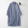 Vestido Camisa Casual Versátil de Algodão e Linho Listrado de Manga Longa, Comprimento Médio, Caimento Solto, para Primavera e Outono de 2026