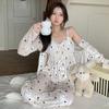 Pijama Nuevo de Terciopelo Dorado Otoño e Invierno para Mujer, Conjunto Cálido de Tres Piezas de Terciopelo Dorado con Diamantes y Mangas Largas con Copas, Ropa Sexy para Casa