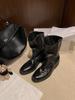 Couro de Ovelha~Boca em V Botas Western Cowboy Femininas Outono e Inverno Botas Maillard Slim Salto Grosso Cano Médio Botas Deserto Botas Curtas de Motocicleta