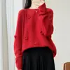 Suéter de cuello redondo de lana pura, nuevo suéter de manga larga otoño/invierno 2026 para mujer, top holgado de ganchillo hecho a mano, moderno