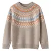 Suéter tejido versátil de punto Fair Isle para niños, cuello redondo, top de punto jacquard de corte holgado para otoño e invierno