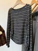 Conjunto estilo coreano listrado cinza justo de manga comprida top de malha básico para mulheres outono petite curto fino top de baixo