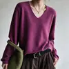 Nuevo Suéter de Punto de Hilo de Algodón 2026 Otoño/Invierno con Borde Enrollado, Cuello en V, Manga Larga para Mujer, Color Sólido, Holgado, Suéter, Prenda Base