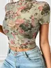 Verano Transfronterizo Nuevo Estilo Manga Corta Floral Sexy Chica Caliente Blusa de Gasa Top Estampado Camiseta para Mujer Europea y Americana Ropa para Mujer de Comercio Exterior