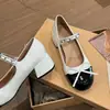 Zapatos Mary Jane de Nuevo Estilo para Verano, Zapatos de Cuero con Tacón Alto Estilo Francés Bloque de Color Lazo Inspirado en Chanel Perla Correa Única