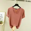 Modal Camisa de manga curta feminina de verão com decote em V, camiseta interna fina e emagrecedora, top solto de cor sólida e tamanho grande