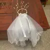 Véu de Celebridade da Internet com Luzes, Coroa de Pérolas com Franjas de Camada Dupla, Adorno de Cabeça com Véu de Laço de Fita de Camada Dupla. Vestido de Noiva