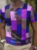 Camisa Polo Europeia e Americana Masculina Transfronteiriça Tendência com Estampa Digital 3D, Bloqueio de Cor Xadrez, Manga Curta, Colarinho Cuban