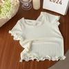 Camiseta de Manga Corta de Seda de Hielo para Niñas de Verano Moda para Mujer Mangas de Hoja de Loto Camiseta Estilo Coreano Estilo Extranjero Ropa Exterior Delgado Top de Encaje