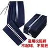 Pantalones de uniforme escolar de verano para exportación, unisex, adecuados para estudiantes de secundaria y preparatoria, azul marino, transpirables, con dos franjas, estilo de pierna recta