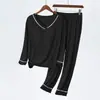 Venda Direta da Fábrica conjunto de 2 peças para mulheres, gola V, manga longa, calça com bojo, fino, solto, roupa de casa, pijama de cor sólida para mulheres