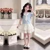 Conjunto de dos piezas de falda de encaje linda y dulce estilo coreano, de manga corta, casual y fina, para niños mayores